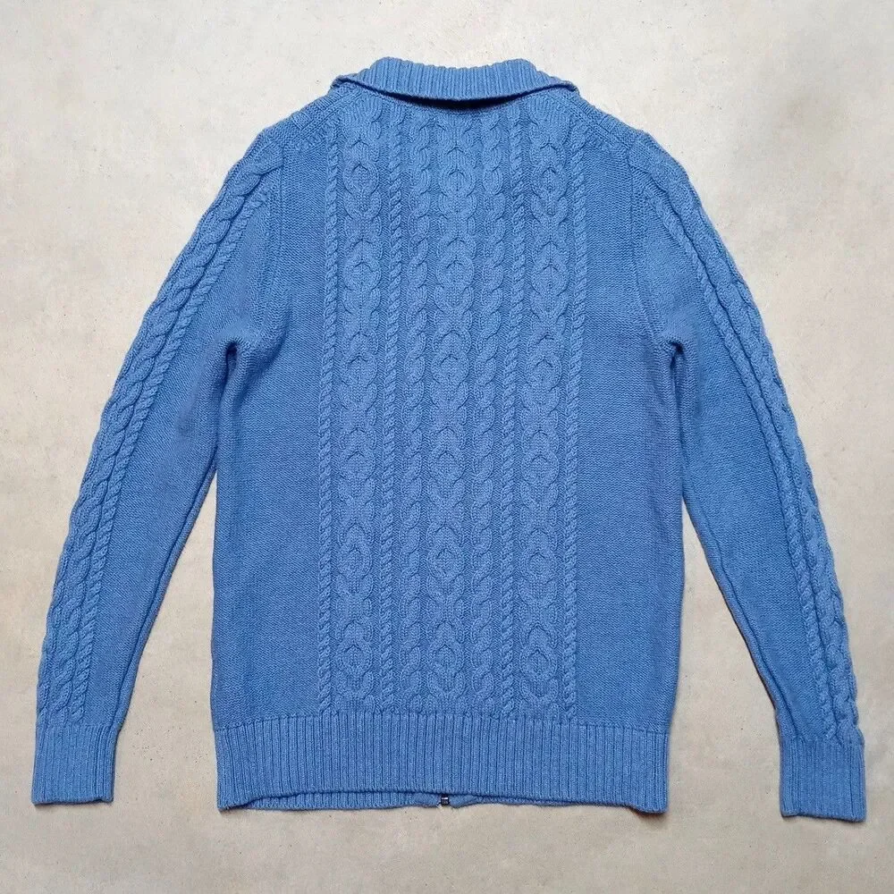 LL Bean Cotton Cardigan Sweater Women MEDIUM Full Zip Cable Knit Fisherman